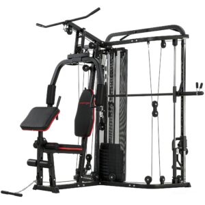 Power rack fitnessstation med 65 kg vægte, lat pulldown, butterfly bar, justerbar preacher bænk, bentræner