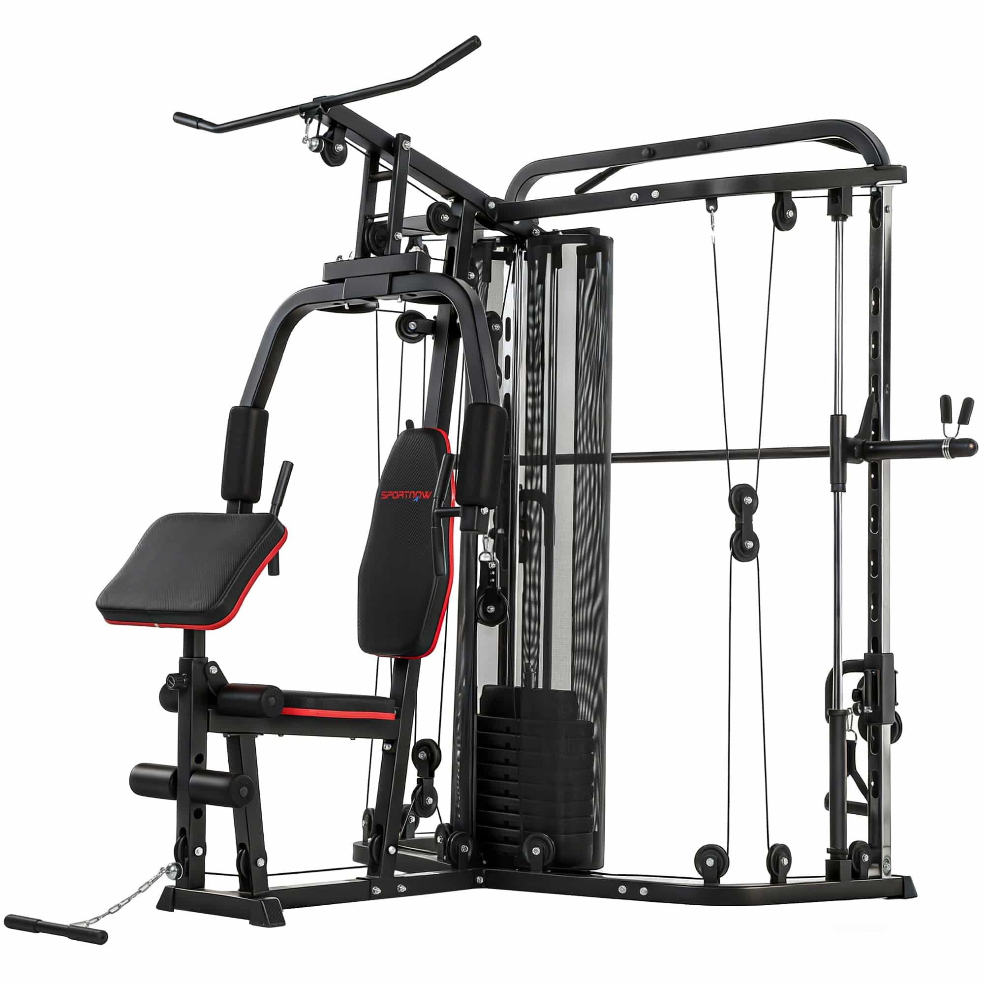 Power rack fitnessstation med 65 kg vægte, lat pulldown, butterfly bar, justerbar preacher bænk, bentræner