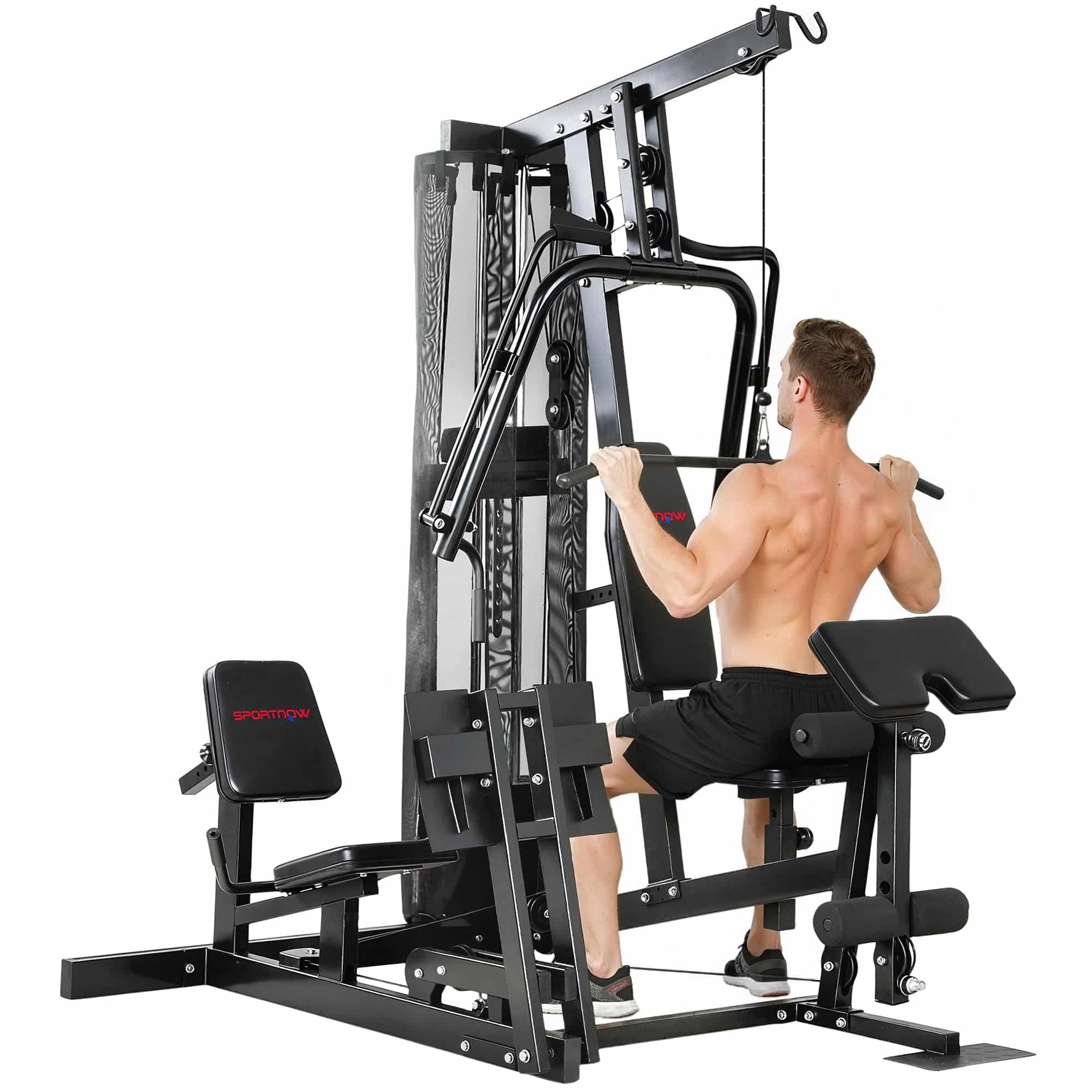 Power rack fitnessstation med lat pulldown, butterfly bar, 65 kg vægte, reb op til 120 kg