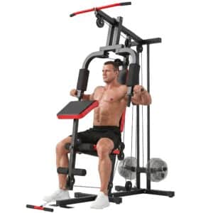 Power rack fitnessstation med lat pulldown, butterfly bar, justerbar preacher bænk, bentræner, op til 120 kg, sort+rød